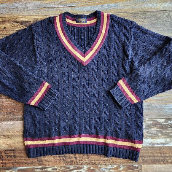 Vintage Brooks Brothers Cotton Cable Knit Cricket V-Neck Sweater Navy - Picture 1 of 10